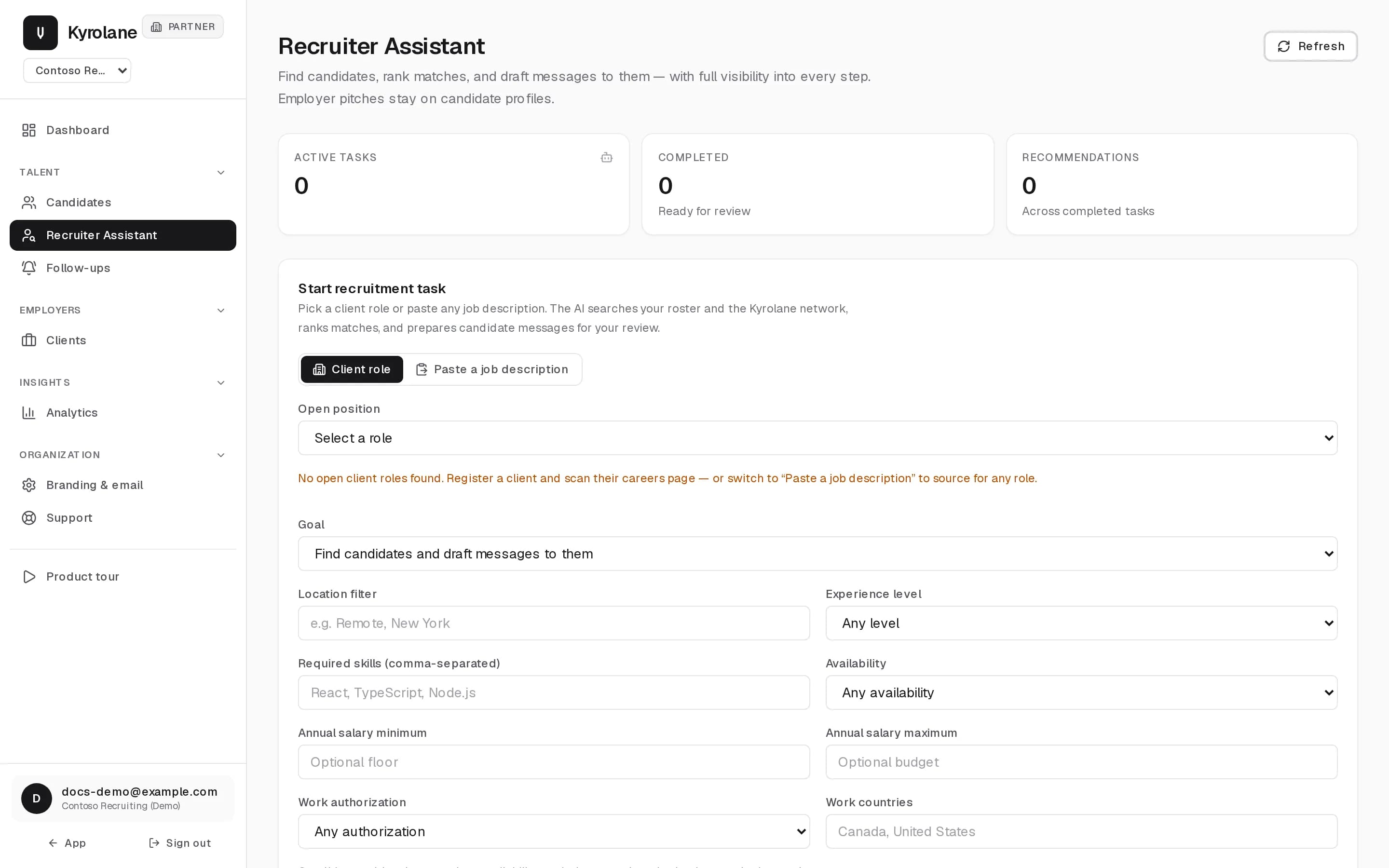 Recruiter Assistant page for Contoso Recruiting (Demo). Counters for active tasks, completed tasks, and recommendations, above the Start recruitment task form with Client role and Paste a job description options, goal, location, experience, skills, availability, salary, and work authorization filters.