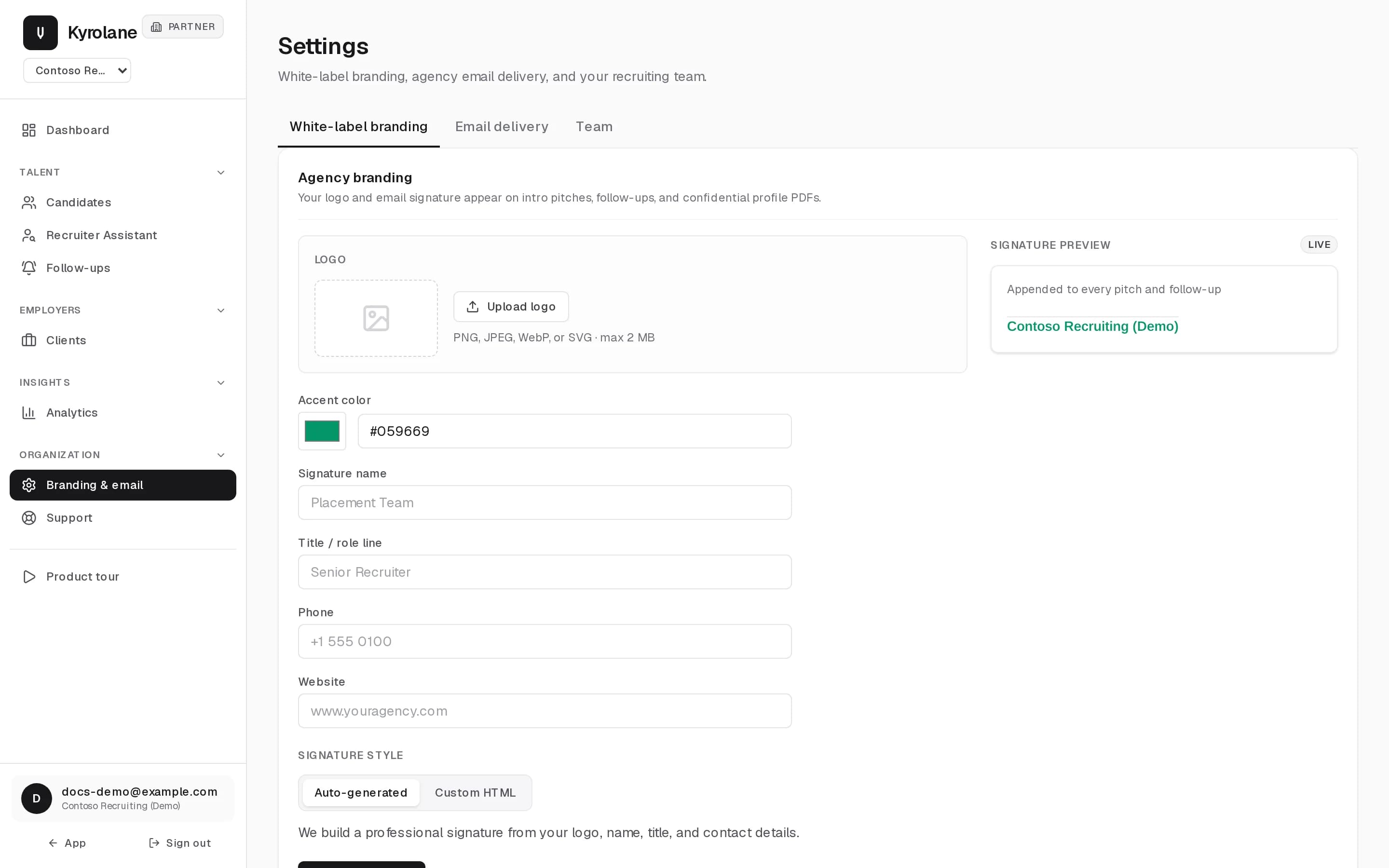 Partner Settings for Contoso Recruiting (Demo) on the White-label branding tab: logo upload, accent color, signature name, title, phone, website, signature style, and a live signature preview.