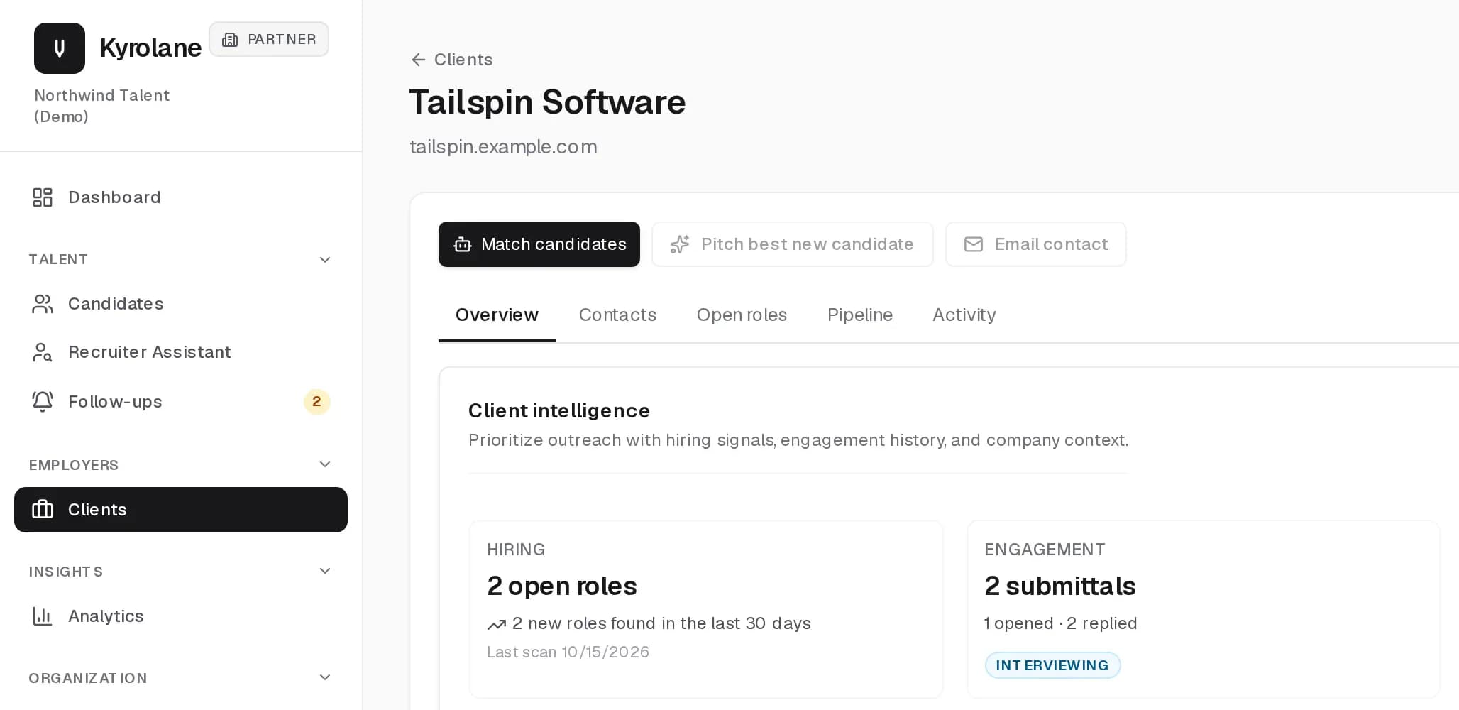 A client page showing intelligence signals, open roles, and roster matches.