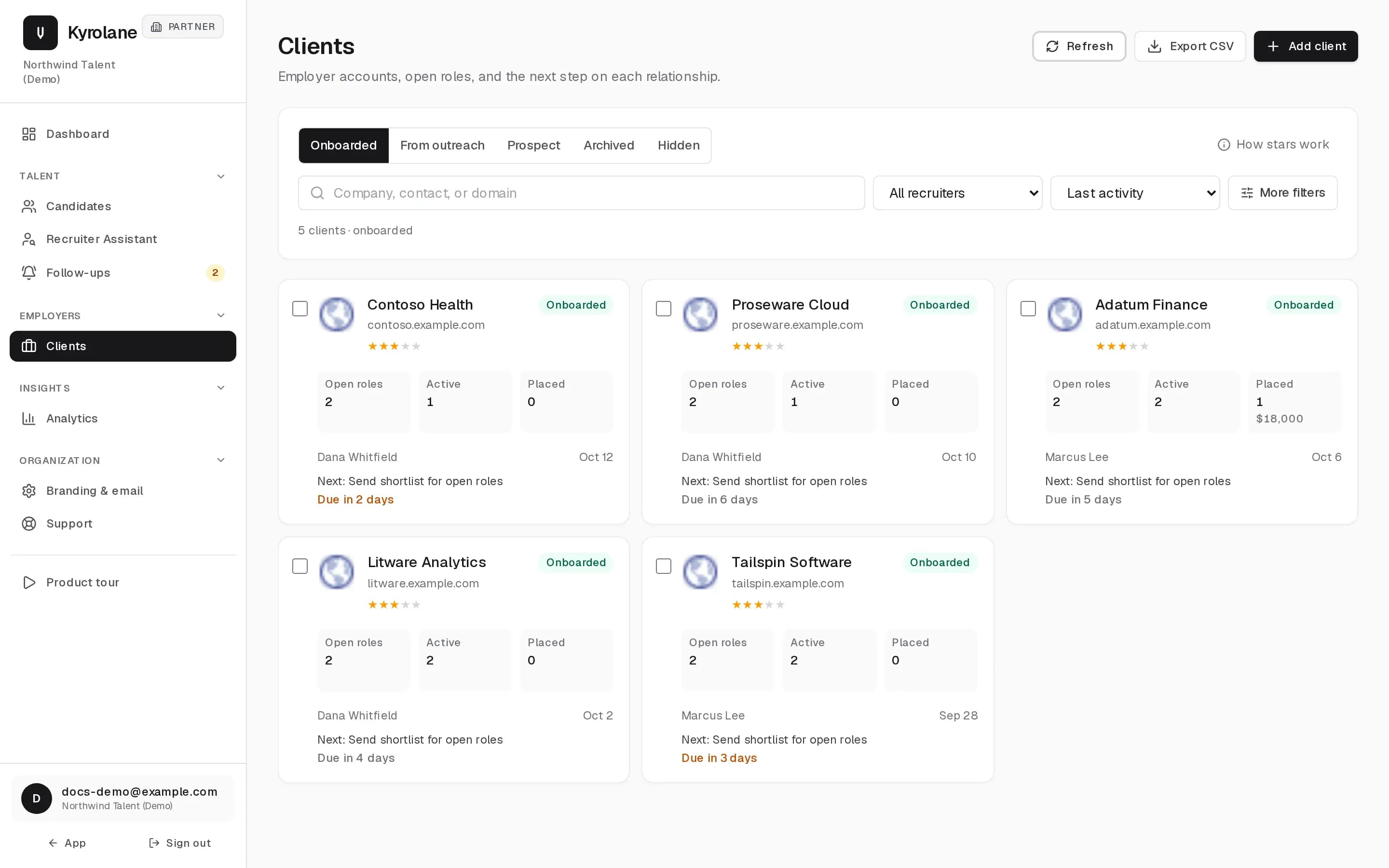 The Clients list in the partner portal with company cards and filters.