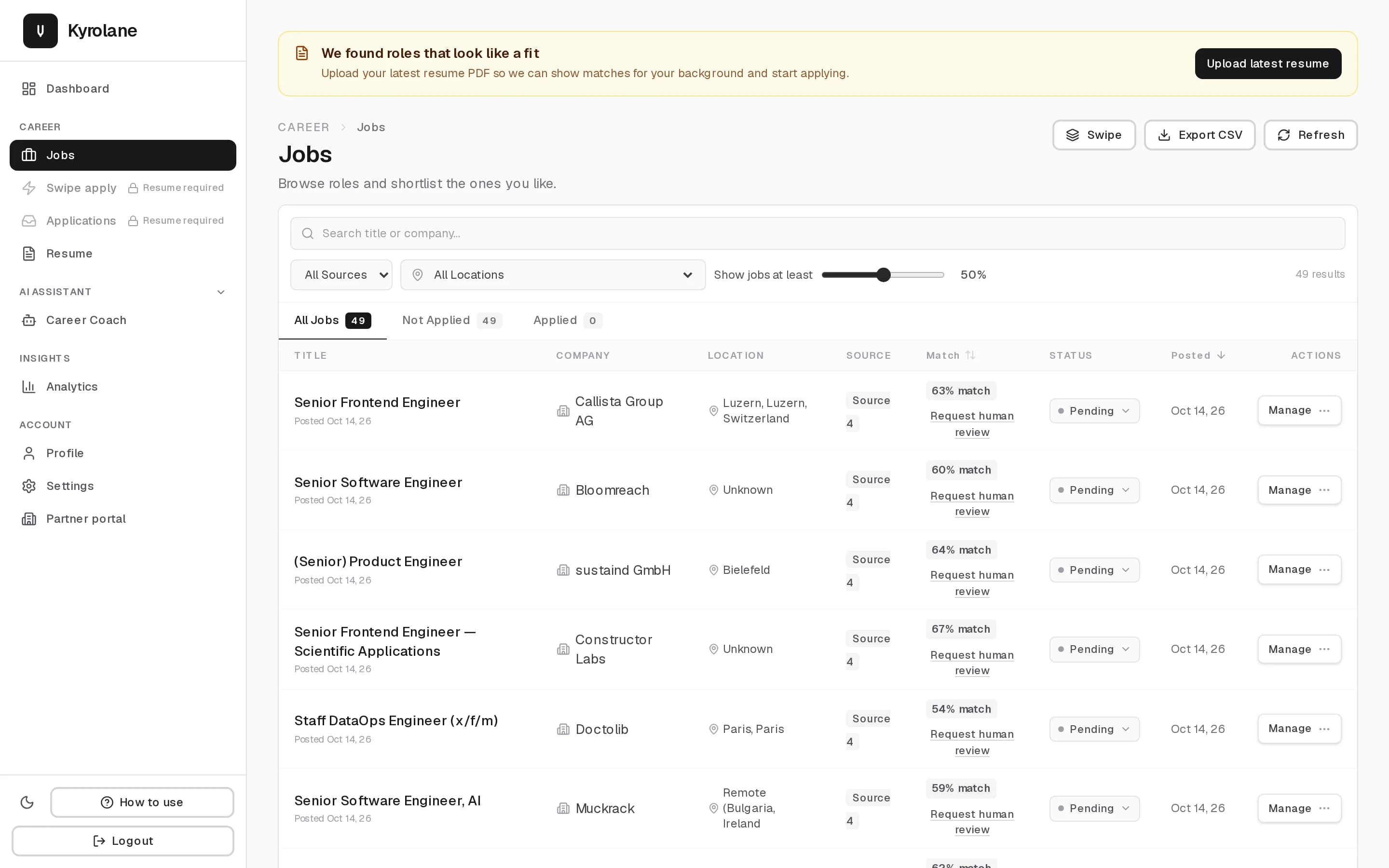 A candidate profile in the partner portal showing matched roles from the Kyrolane catalog.